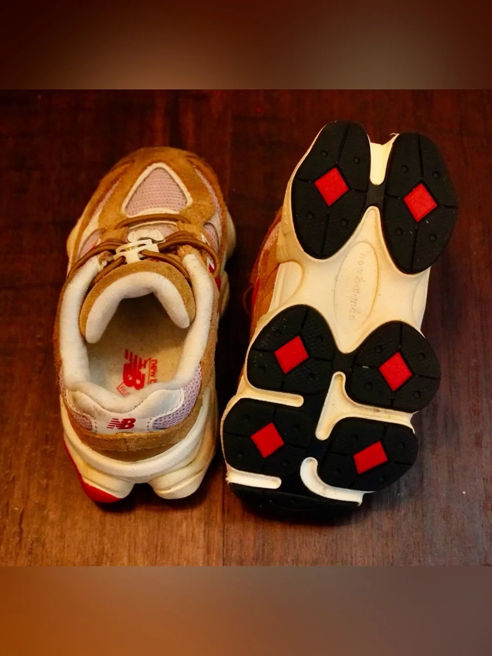 New Balance Tan and Pink Kids Sneakers with Red Logo